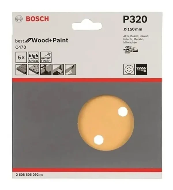 Set De 5 Lijas Para Lijadora Rotoorbital Bosch 150mm Grano 320 Con Abrojo Cod: 2608605092