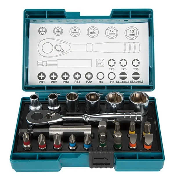 Juego Tubos Y Crique 1/4 + Puntas 1/4 Caja 21 Pzas Makita Turquesa (estuche)