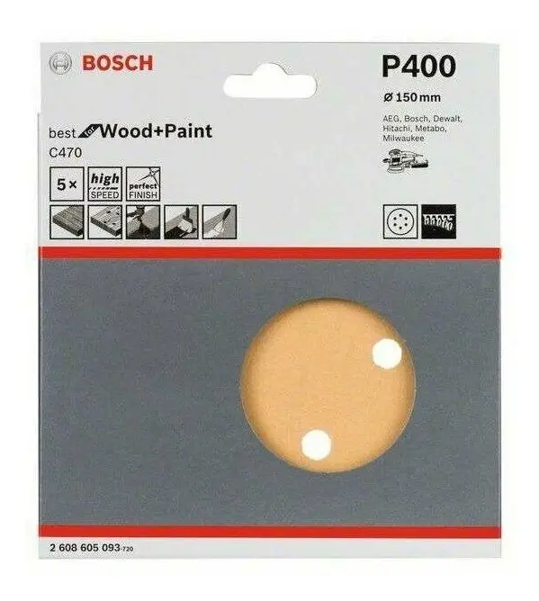 Set De 5 Lijas Para Lijadora Rotoorbital Bosch 150mm Grano 400 Con Abrojo Cod: 2608605093