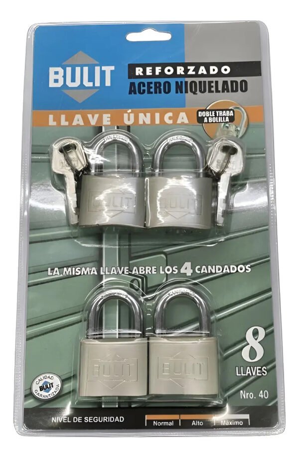 Candados Hermanados X 4 Doble Traba A Bolilla 8 Llaves Bulit Plateado
